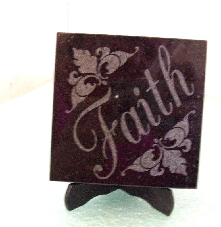 Black Etched Stone Marble FAITH Tile Trivet with Stand 3.75″ Square Home Decor