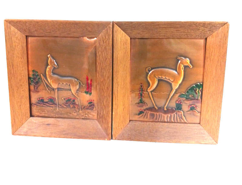 Copper tooled Southwestern Desert scene Deer Gazelle Art Phillip Irwin Lot of 2 gallery