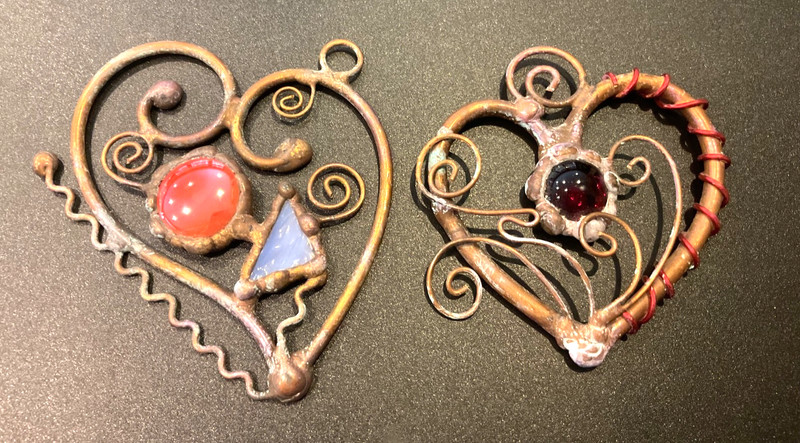 2 Vintage Artisan Stained Glass Gemstone Copper Metal Suncatchers
