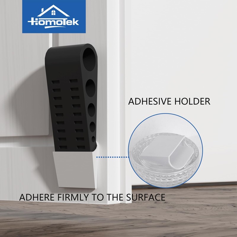 4 Pack Black Wedge Rubber Door Stops, 5x1-9/16, White Adhesive Holder, Floor gallery