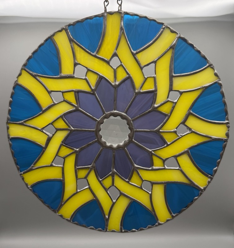Handmade Stained Glass Blue Yellow Purple Flower Round Mandala Design Suncatcher