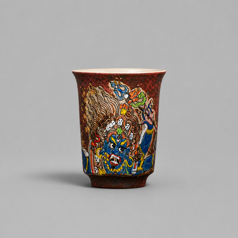 Hand Painted Ceramic Tea Cup Thangka Guardian Pattern Desk Decor 60ml
