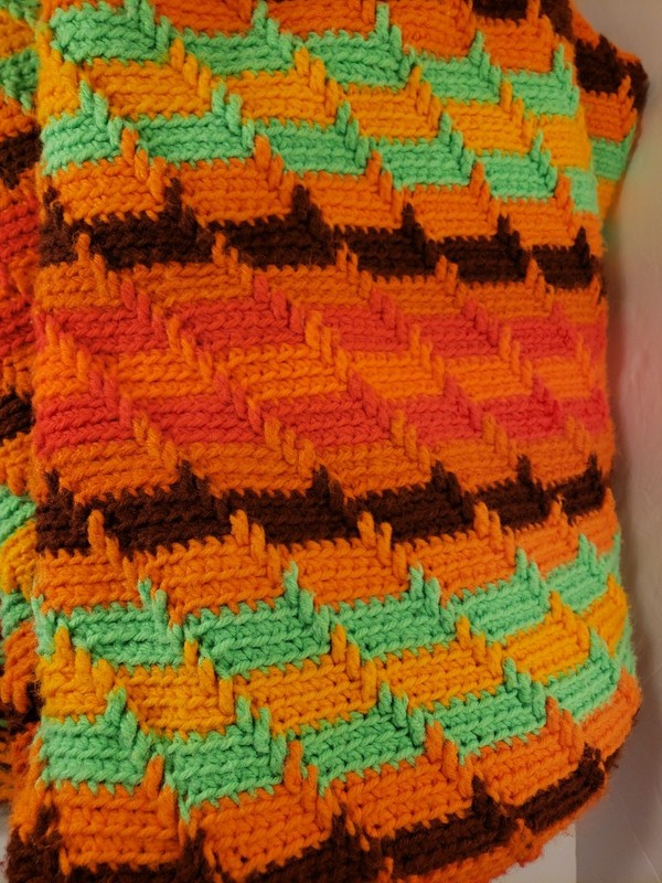VTG 60s 70s Retro Groovy Knit Zigzag Afghan Bed/Couch Runner Fringe Neon 82x58 gallery