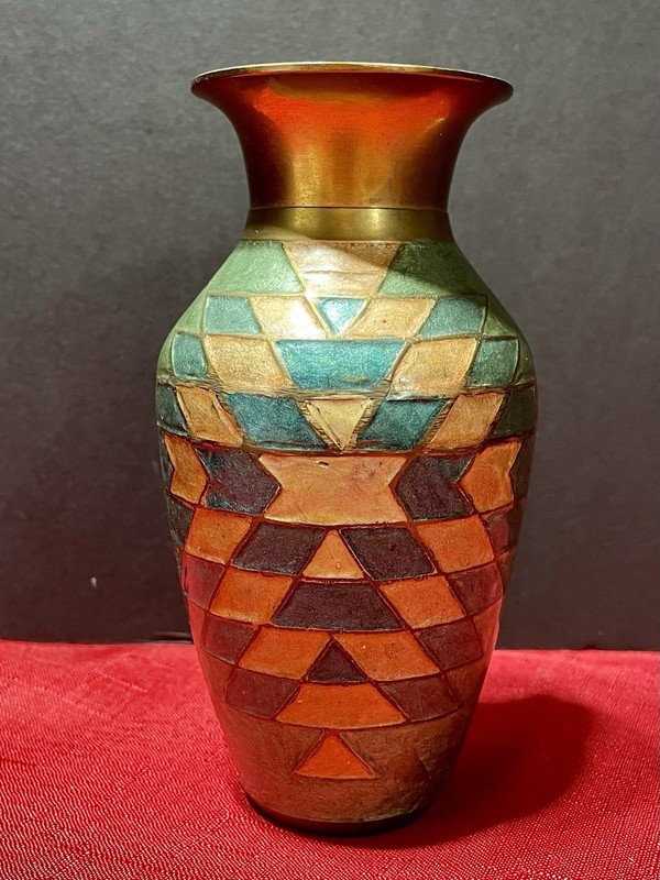 Vintage Brass Vase, Hand Painted Enamel Vase, Metal Vase