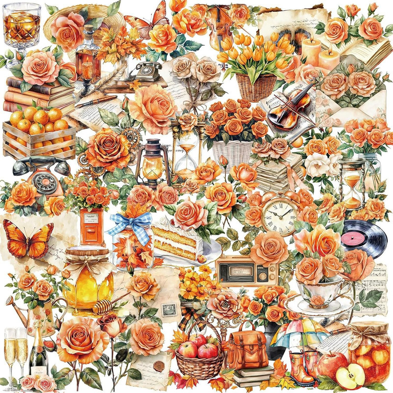 50PCS Orange Rose Stickers PET Transparent Stickers Nature Flower Decals Waterpr