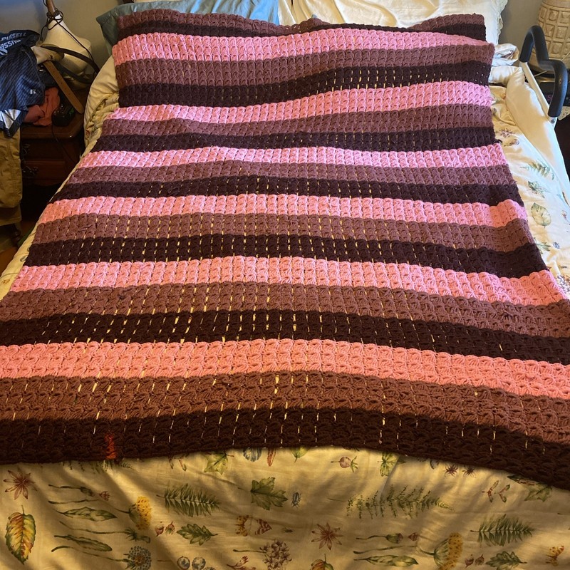 VTG Crochet Afghan Throw Blanket Colorful Boho Pink Black Mauve Approx 66” x 54”