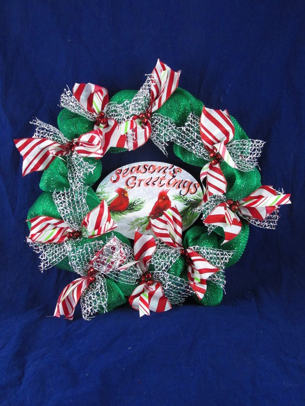 Green and Red Peppermint Deco Mesh Ribbon Holiday Wreath