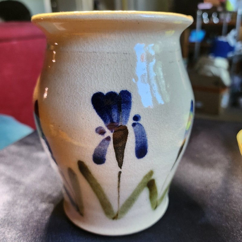 Vintage Signed “Sherman” 1996 Athens Pottery Marietta Run Clay Vase Blue Irises