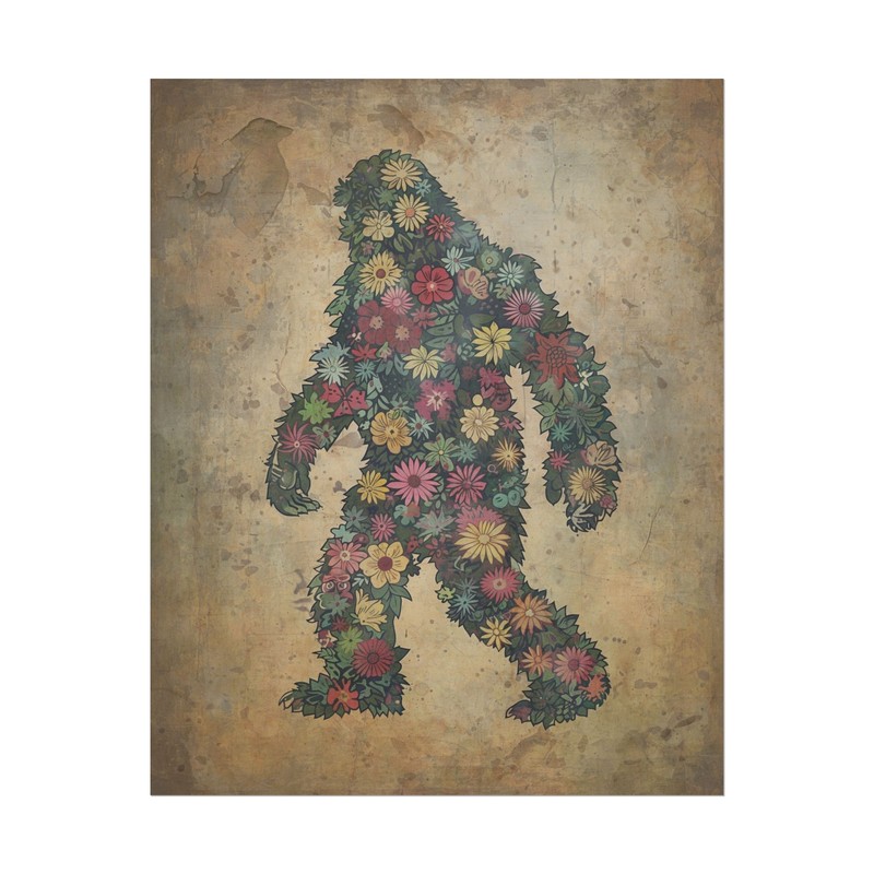 Vintage Sasquatch Flowers Wall Art, Bigfoot Floral Poster, Botanical Yeti Decor