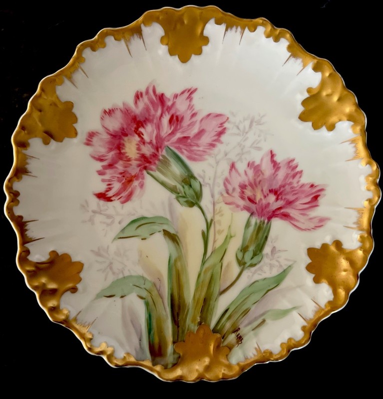 Antique Porcelain Plate Limoges France HP Signed Carnations Rococo Gold 8 3/4” gallery
