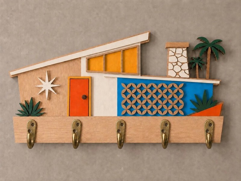 Mid Century Modern Key Holder- Wall Coat Rack- Retro House- 5 Hooks -MCM Decor gallery