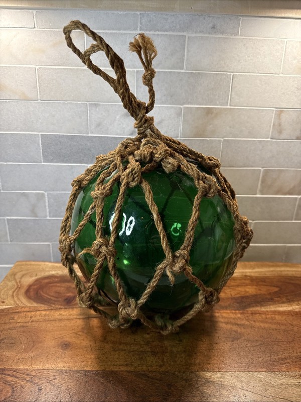 Vintage Large 9” Green Glass Fishing Float Buoy Nautical Decor Hand Blown