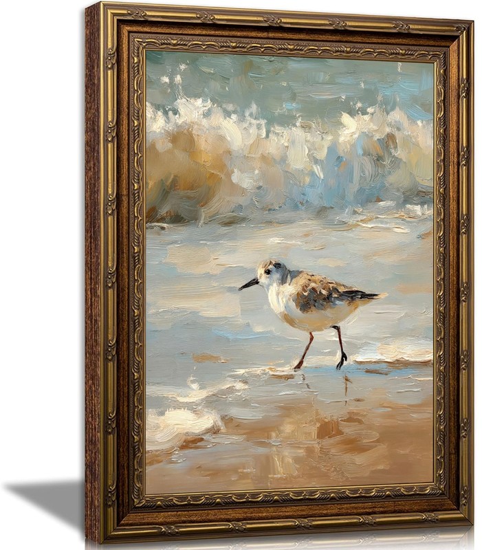 Elegant Shorebird at the Beach Painting, Framed Nautical Seascape Art, Impres…