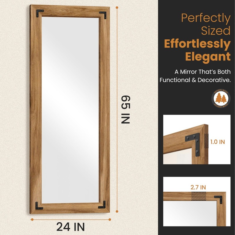 Full Length Mirror with Wooden Frame, 65"X24" 65"L x 24"W, Brown gallery