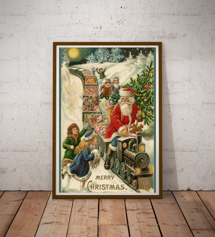 Vintage Santa Train Christmas Poster – Retro Holiday Wall Art Print – Postcard