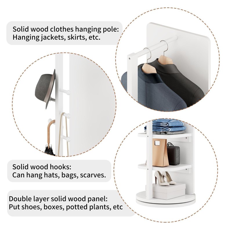 Solid Wood 69”x16” Rotating Mirror & Coat Rack - Space-Saving Solution for gallery