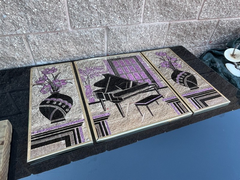 MCM Triptych Mirror Hanging 3pc Set Floral Vase Art Deco 80’s Mid Century Modern