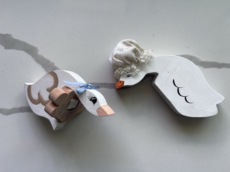 Vintage 1980s Country Folk Art Wooden Duck/Swan Shelf Sitter Set of 2