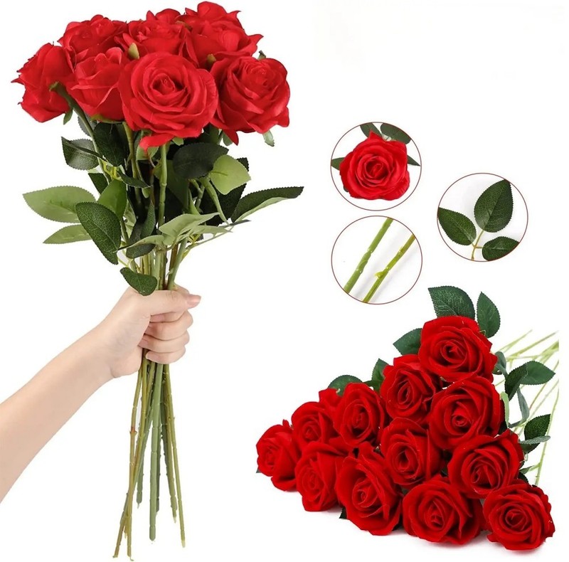 10× Red Silk Roses Artificial Flowers Realistic Bouquet Home Decor Xmas Gifts gallery