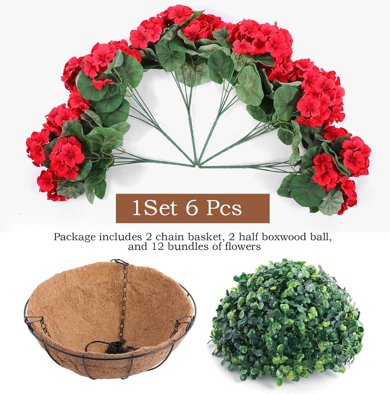 2 Set Artificial Red Geraniums Flowers for Outdoors with Hanging Baskets, 2 Hang gallery