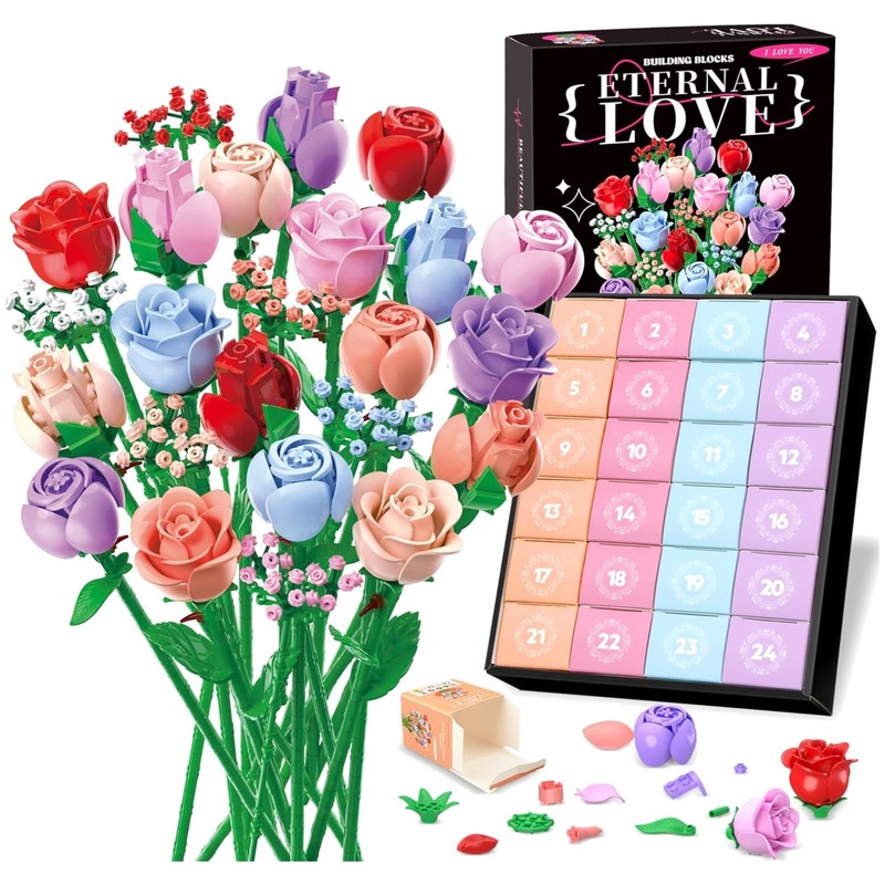 24Pcs Colorful Roses Flower Bouquet, Great Gift for Women