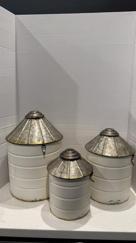 Vintage White Farmhouse Style Galvanized Decorative Tin Silo Canister Set of 3