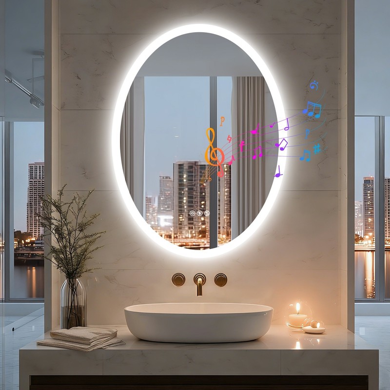 Oval LED Bathroom Bluetooth Mirror Touch Antifog Memory 3 Color Light Adjustable
