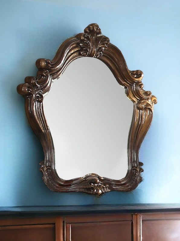 47″ Brown Crowned Top Solid Wood Framed Dresser Mirror