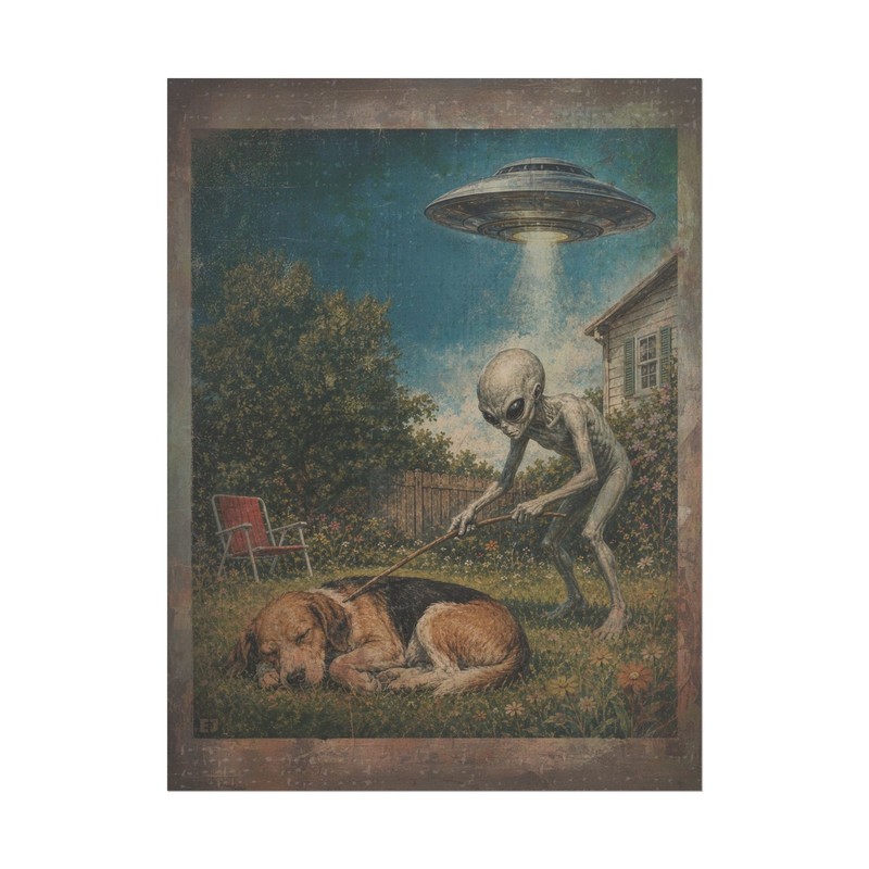 Vintage ALIEN Disclosure Wall Art, SLEEPING DOG UFO Poster, Cryptid Sci-fi Decor