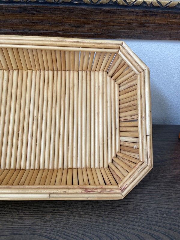 VTG Octagonal Reed Tray Bread Basket Table Centrepiece Handmade Cane MCM Retro gallery