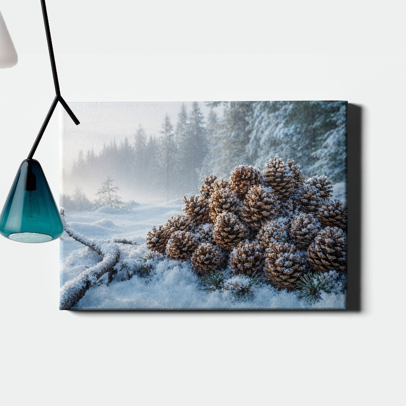 Snow dusted pinecones winter woodland photography Art Print