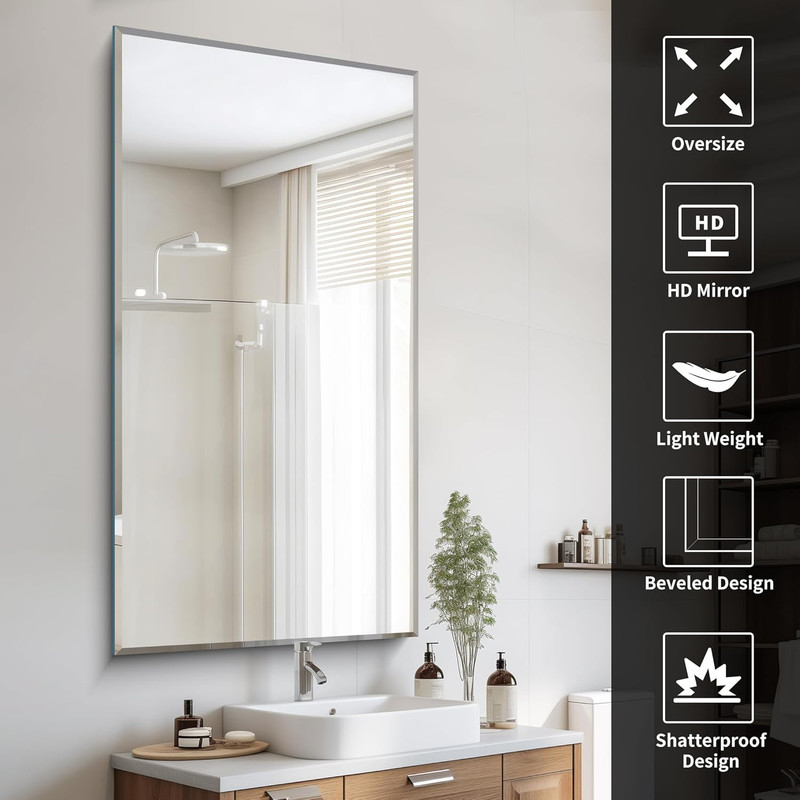30x60 Large Beveled Frameless Bathroom Mirror - Shatterproof & Chic Design gallery