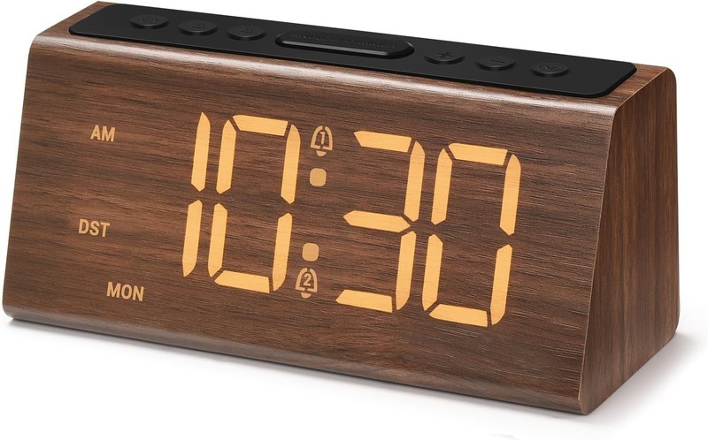Wooden Digital Alarm Clock for Bedroom,Electric Desk Clock with USB Port,Loud…