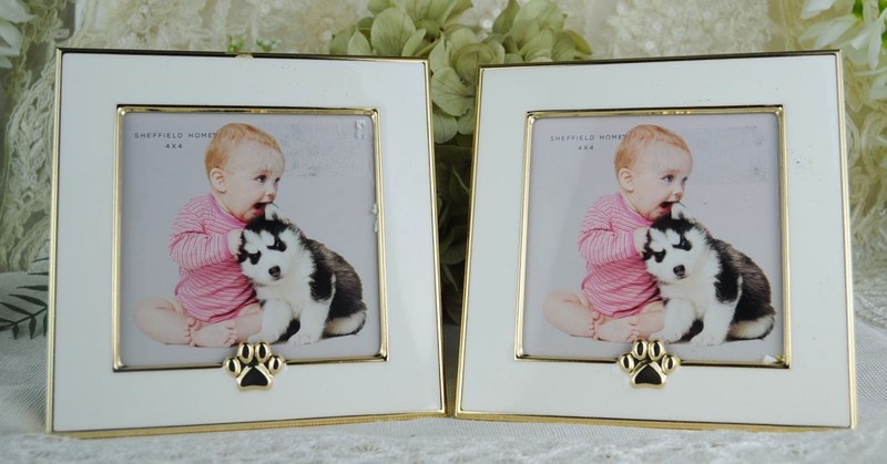 2 Sheffield Home 5X5 Sq Glazed Ceramic White/Gold Picture Frame Holds 4X4 paws