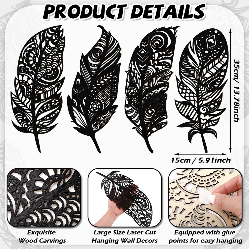 Qunclay 4 Pieces Feather Wall Decor Wooden Feather Wall Art Boho Wall Decor L... gallery