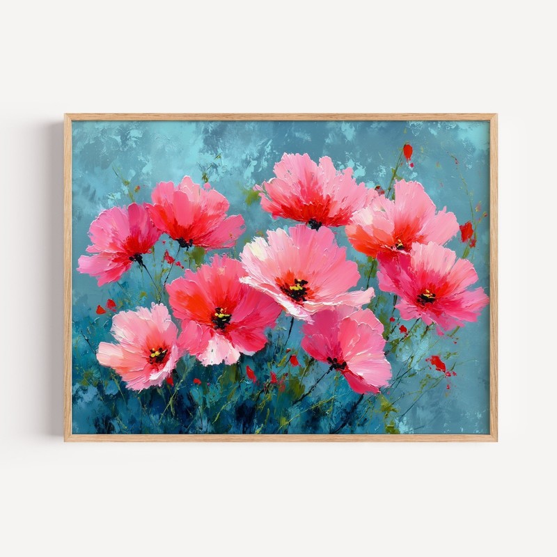 Bold Pink Floral Painting on Dark Teal Canvas, Dramatic Wildflower Botanical Art