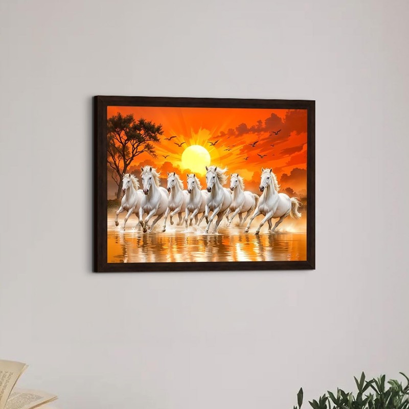 7 Running Horses on Water Rising Sun Vastu Frame Wall Art Painting