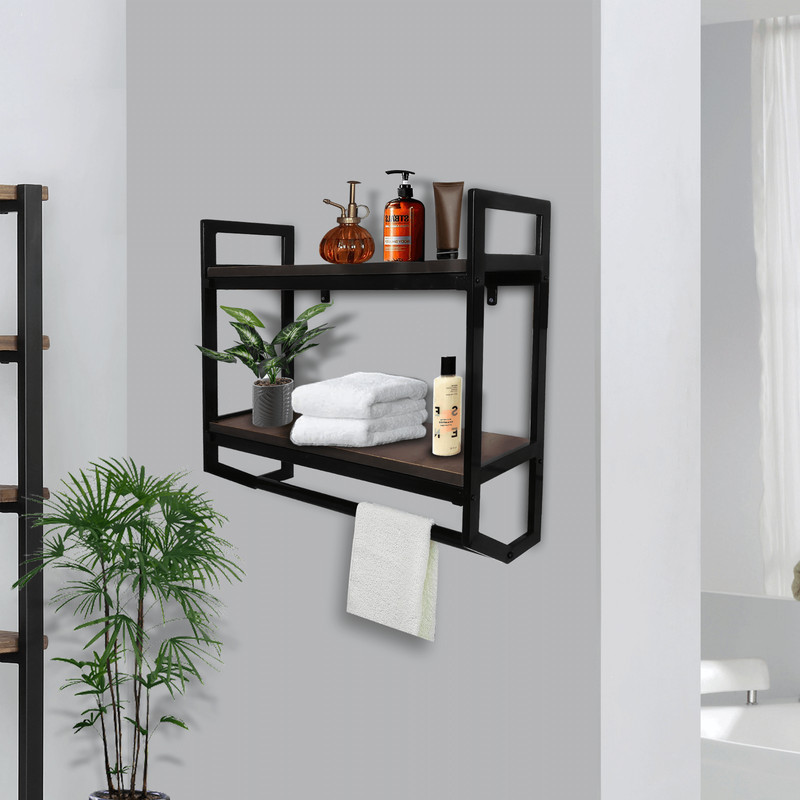 2-Tier Industrial Bathroom Shelf 23.6 Inch, Wall Mount Floating Storage Shelf gallery