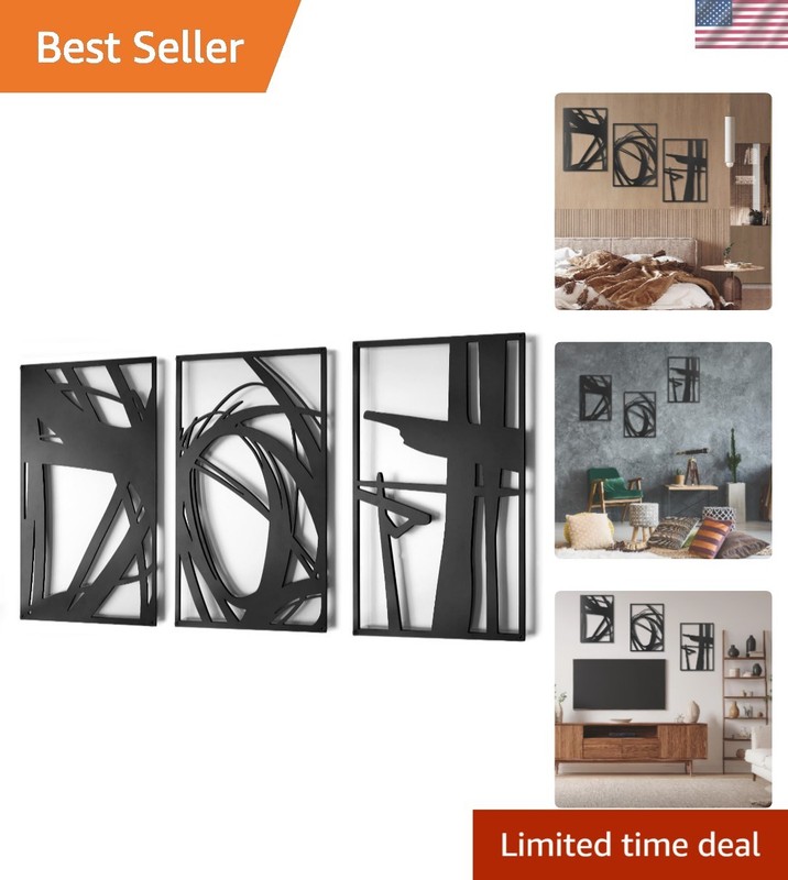 Set of 3 Modern Black Metal Wall Art Sculptures – Abstract Geometric Design