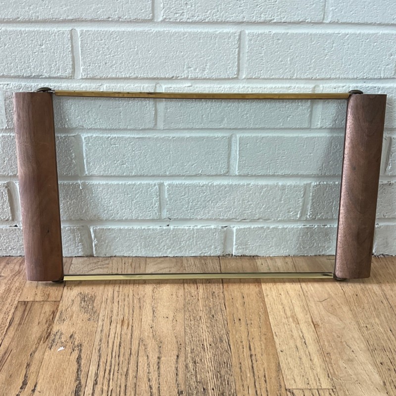 Vntg Mid Century Modern Teak & Glass Serving Tray Brass Fittings 19-1/2" x 10"