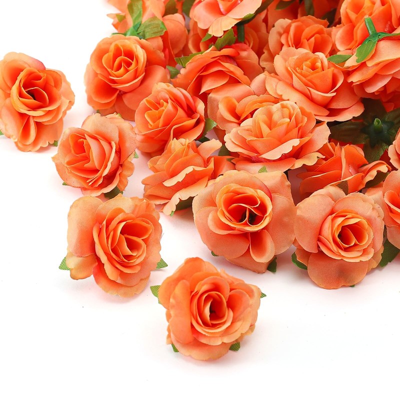 100 PCS Mini Orange Roses Artificial Flowers Bulk 1.9 Inch Silk Fake Heads