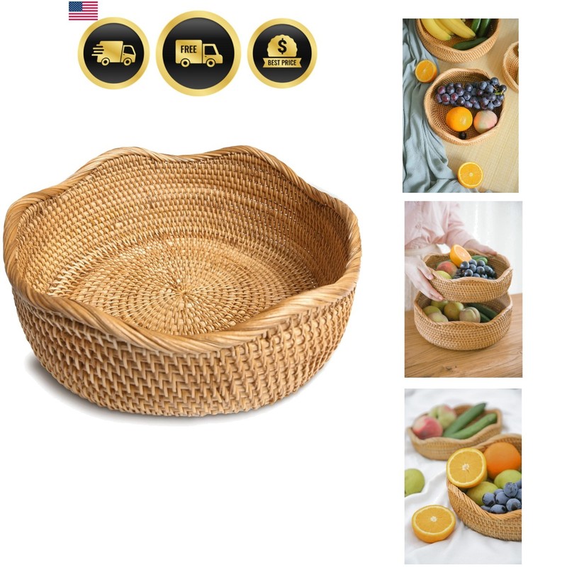 Handmade Rattan Bread Baskets Round Wicker Fruit Serving Storage Bowls, Natur…
