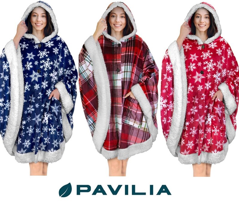 Wearable Blanket Wrap for Women Hood Pocket Christmas Poncho Cape Sherpa Fleece
