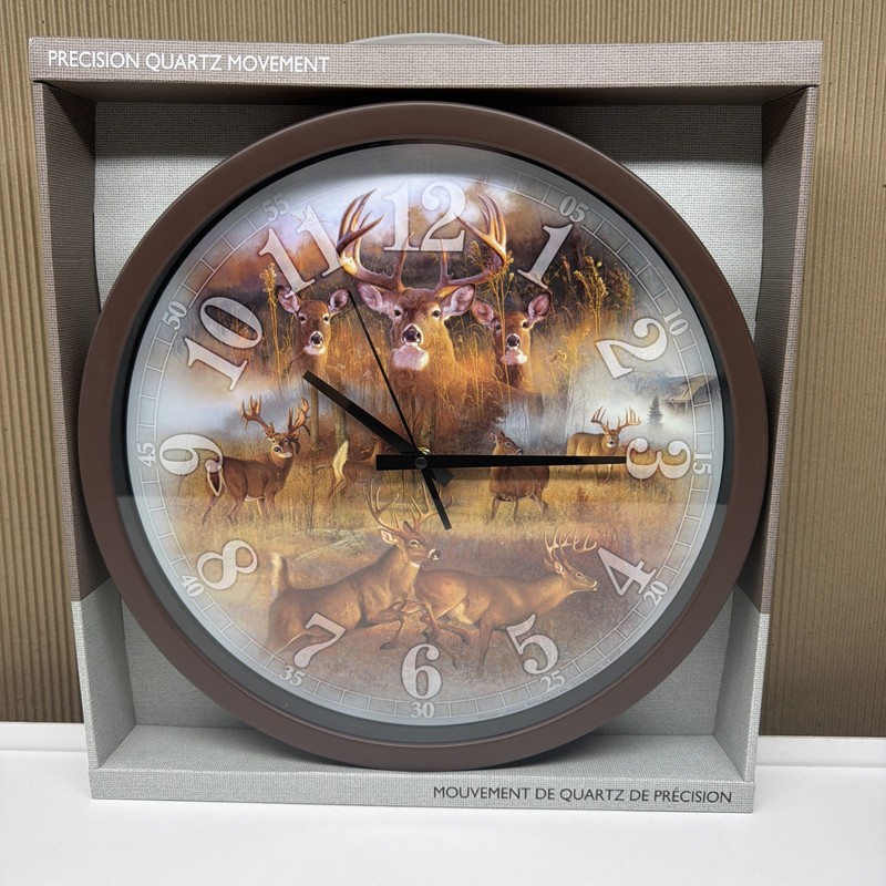 White Tail Deer Collage 15” Reflective Art Wall Clock Rustic Cabin Modern Frame