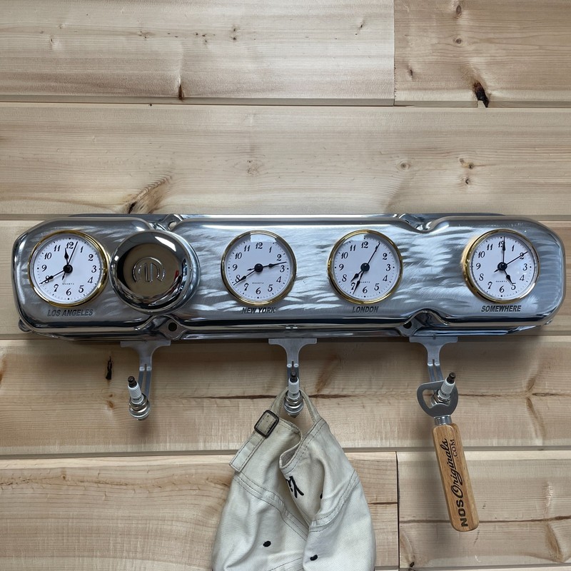 Automotive Decor World Clock Coat Rack w/ Spark Plug Hooks & Mopar Breather gallery