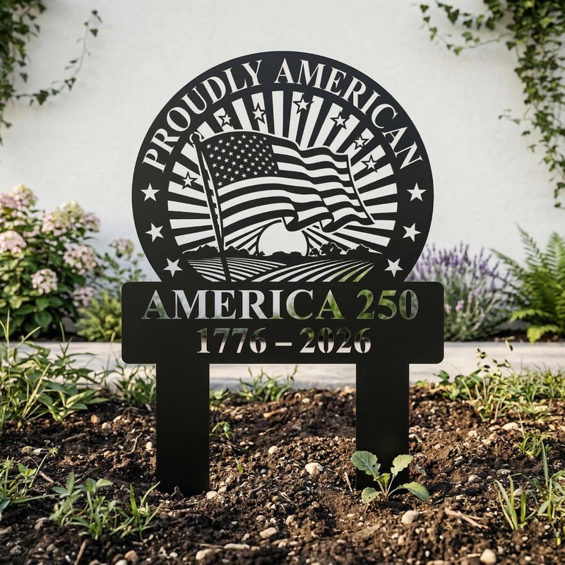 America 250 Patriotic Metal Garden Stake, Proudly American USA Flag Yard Decor