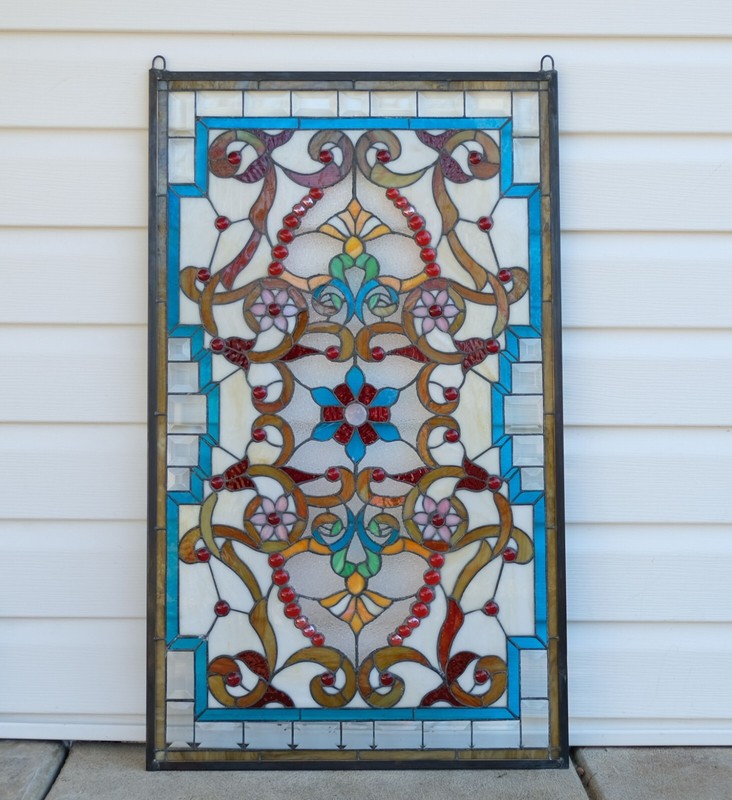 20.5"W x 34.5"H Handcrafted Jeweled stained glass window panel. gallery