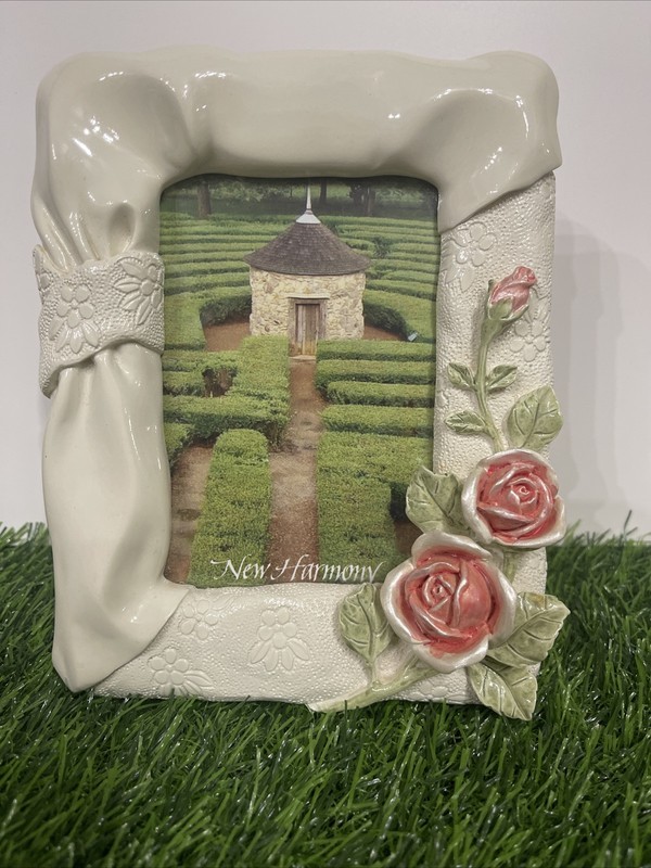 Vintage Pink Roses Picture Frame 3-D Ceramic 3×5 Photo Romantic White Cottage
