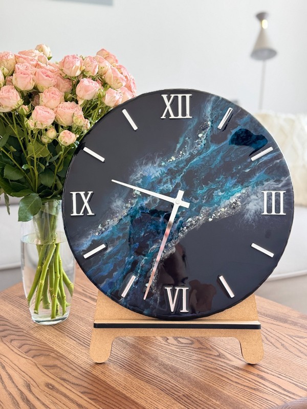 Blue Galaxy Handmade Resin Wall Clock 40 cm – Luxury Black & Blue Marble Art Clo gallery