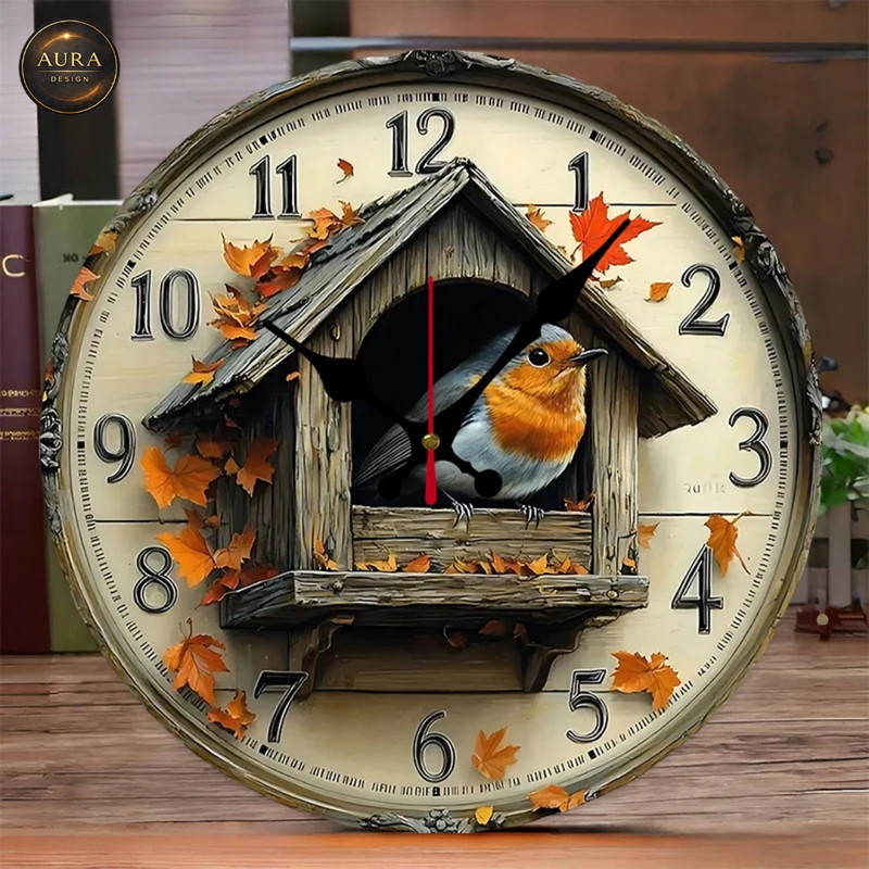Modern Wall Clock 25cm – 2D Bird House Design